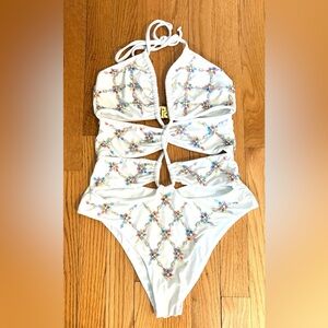 Oceanus swimwear Palmer Swarovski crystal one piece cut out swimsuit in white